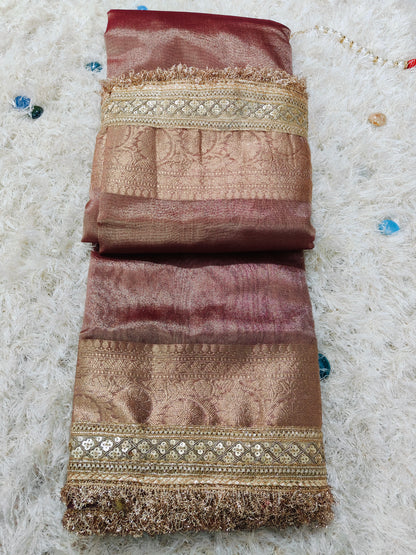 COFFEE BROWN TISSUE SAREE WITH LACE BORDER