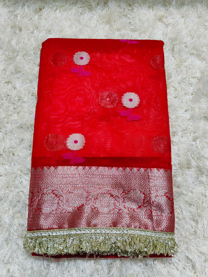 RED KORA ORGANZA MAHARANI SAREE