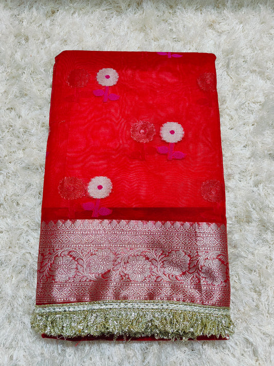 RED KORA ORGANZA MAHARANI SAREE