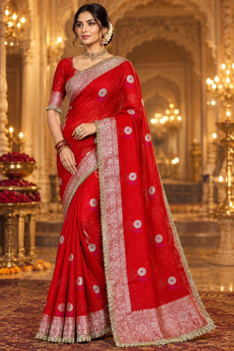 RED KORA ORGANZA MAHARANI SAREE