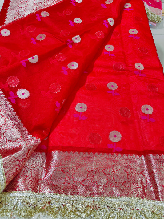 RED KORA ORGANZA MAHARANI SAREE