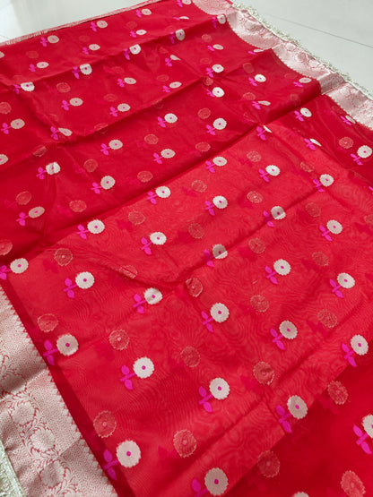 RED KORA ORGANZA MAHARANI SAREE