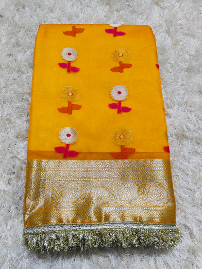 YELLOW KORA ORGANZA MAHARANI SAREE