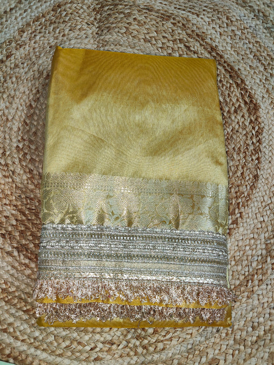 YELLOW TISSUE KATHBAN SAREE WITH LACE BORDER