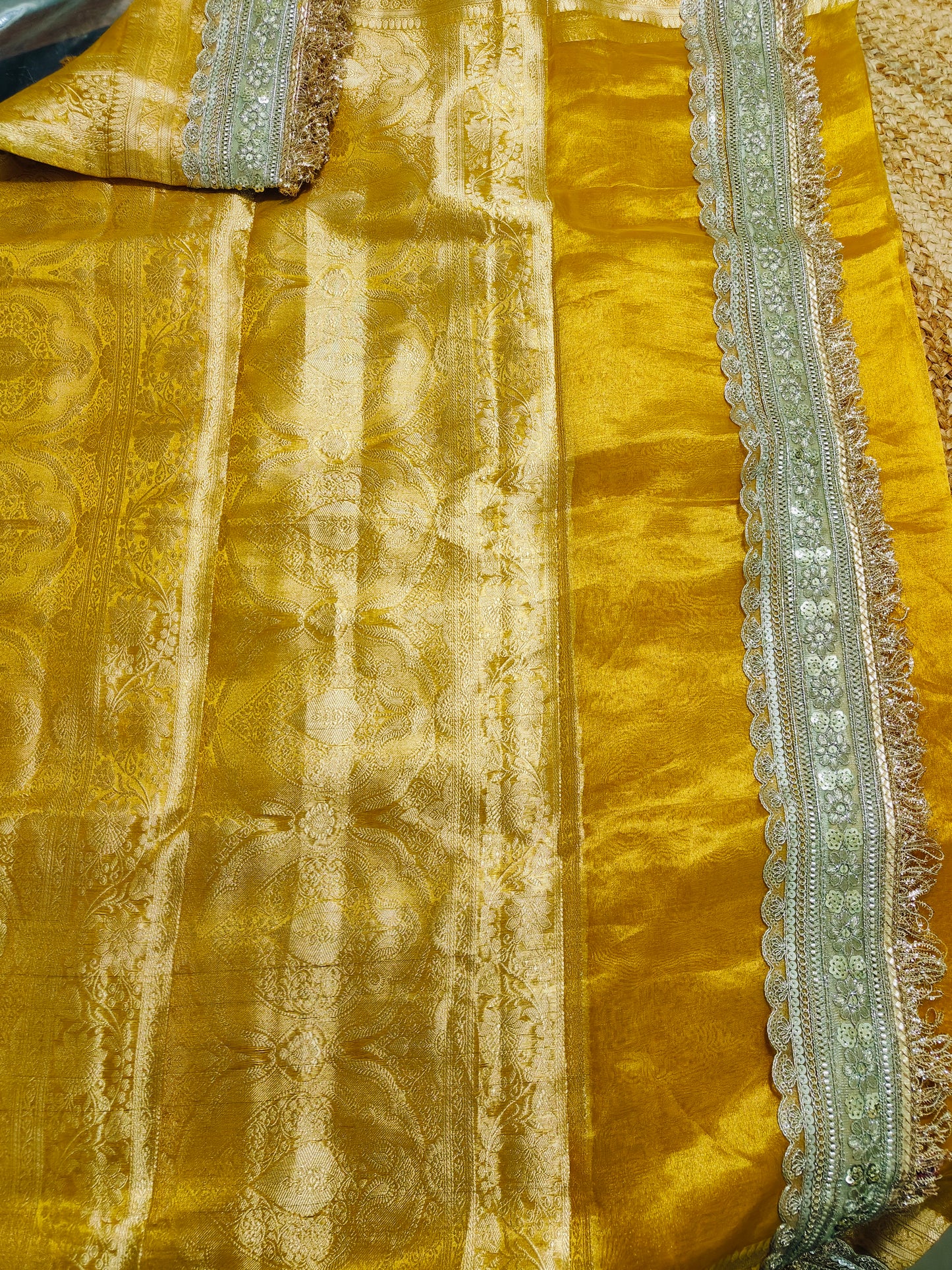 CELEBRITY INSPIRED MUSTARD YELLOW TISSUE KATHBAN SAREE
