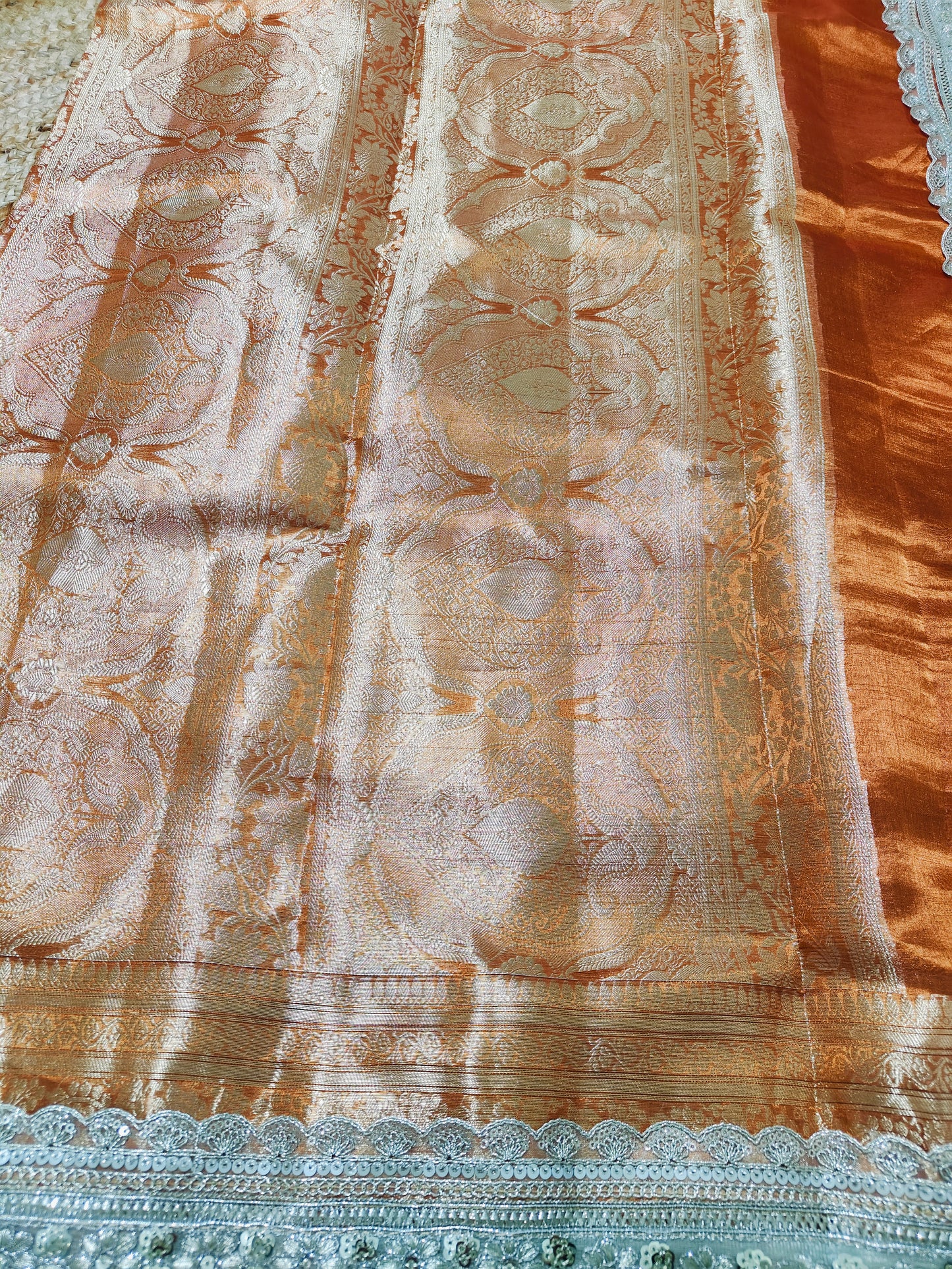CELEBRITY INSPIRED RUST ORANGE PURE TISSUE KATHBAN SAREE