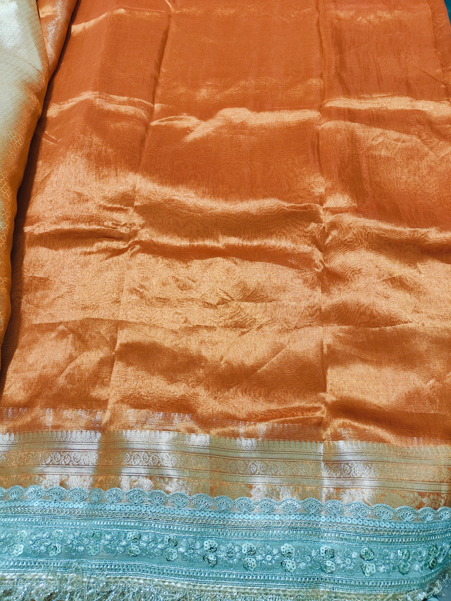 CELEBRITY INSPIRED RUST ORANGE PURE TISSUE KATHBAN SAREE