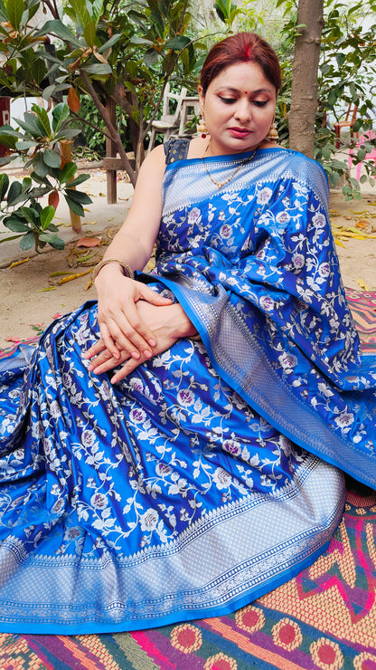 GERMAN BLUE MASHRU KATAN SAREE