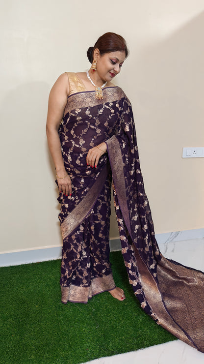 NAVY BLUE PURE GEORGEETE SAREE WITH ZARI JAAL