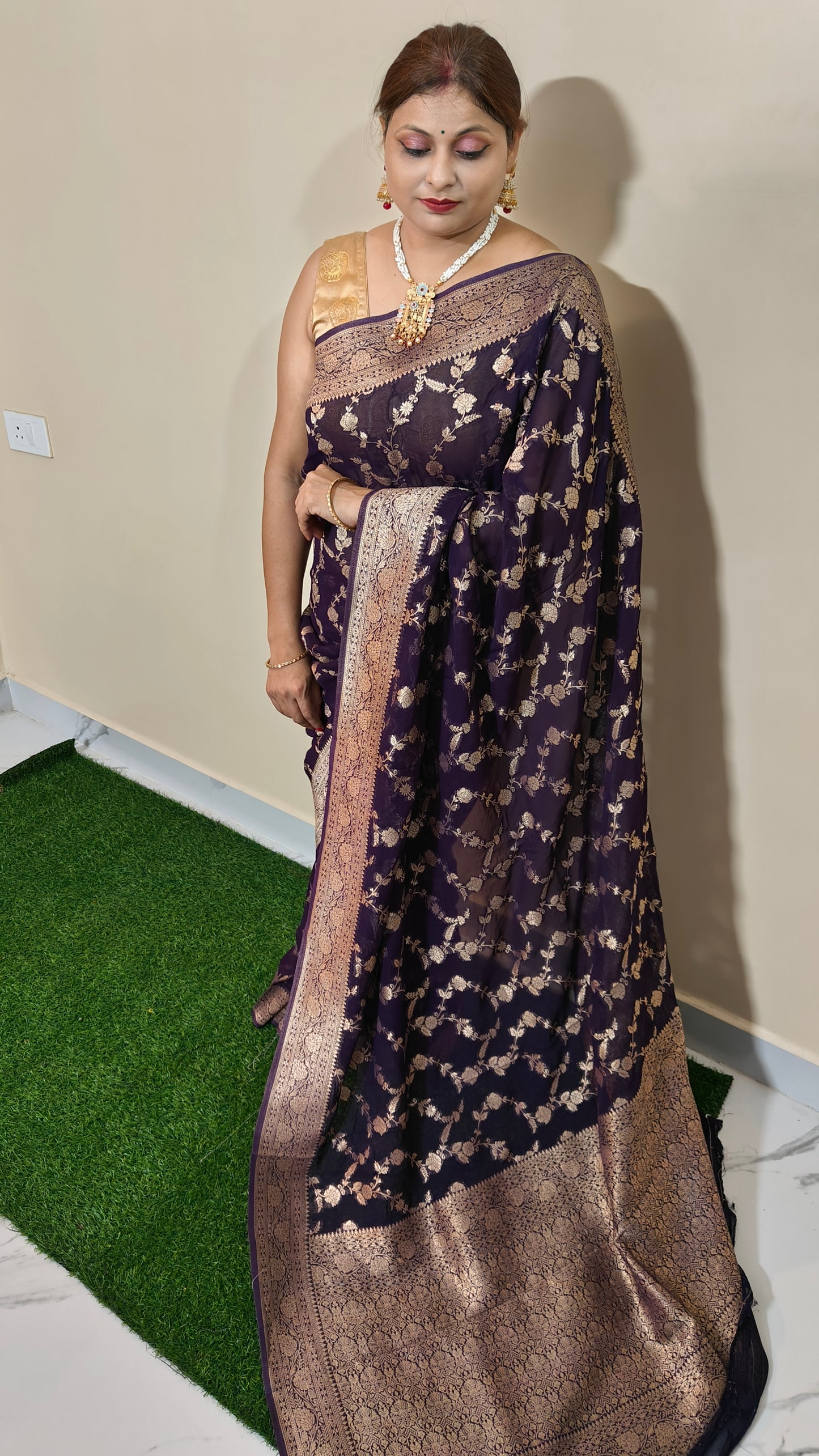 NAVY BLUE PURE GEORGEETE SAREE WITH ZARI JAAL