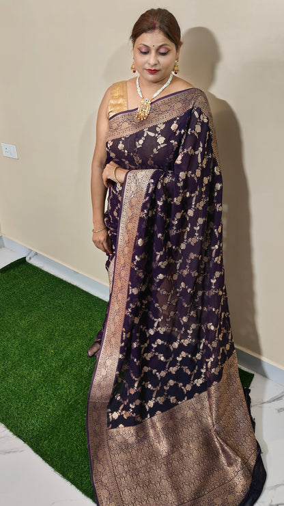 NAVY BLUE PURE GEORGEETE SAREE WITH ZARI JAAL