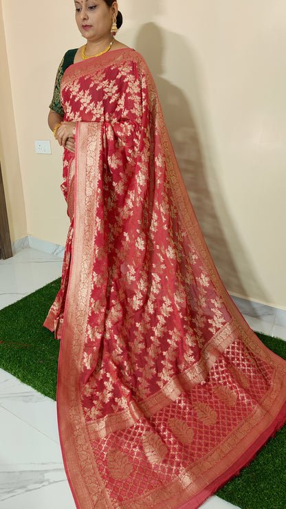 GAJRI PINK PURE GEORGETTE SAREE WITH ZARI JAAL
