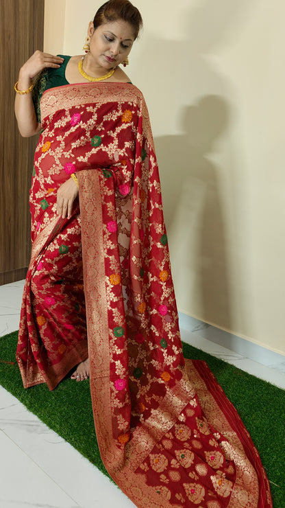 RED PURE GEORGETTE WITH MEENA ZARI JAAL