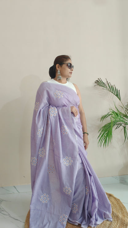 GREY  COTTON SAREES WITH EMBRIODERY