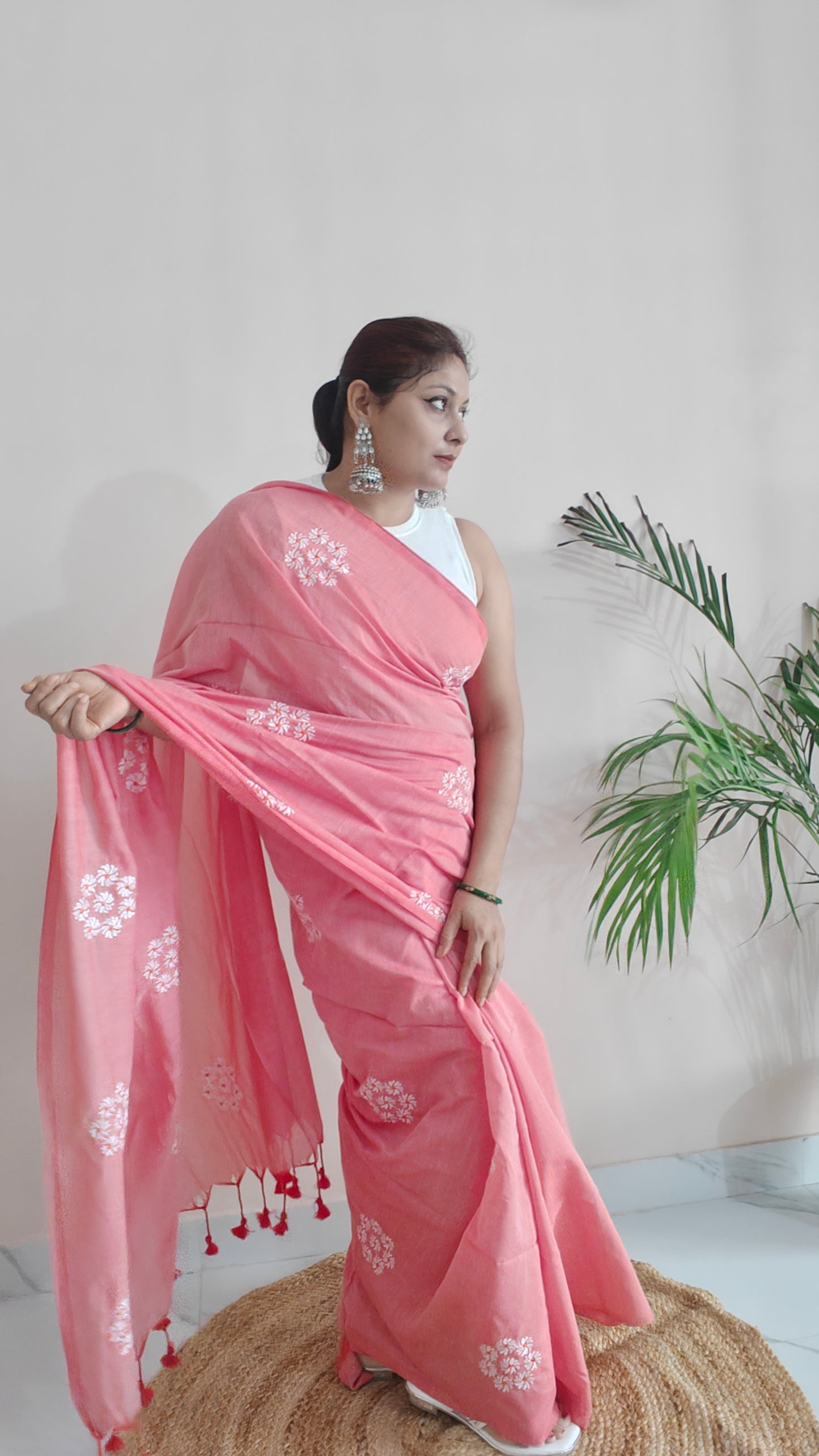 PARIJAT - PINK PURE COTTON SAREE WITH EMBRIODERY