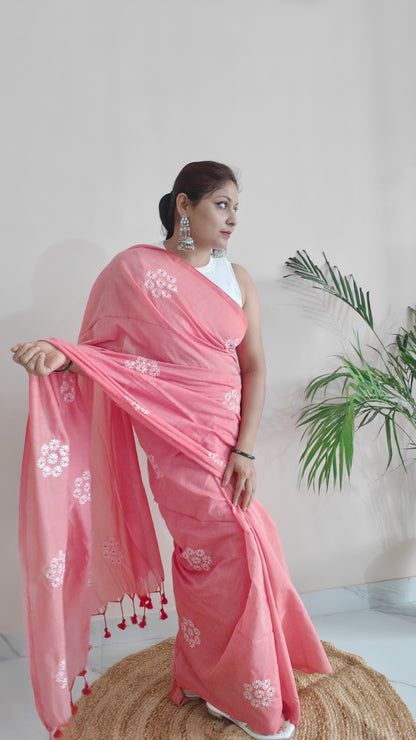 PARIJAT - PINK PURE COTTON SAREE WITH EMBRIODERY