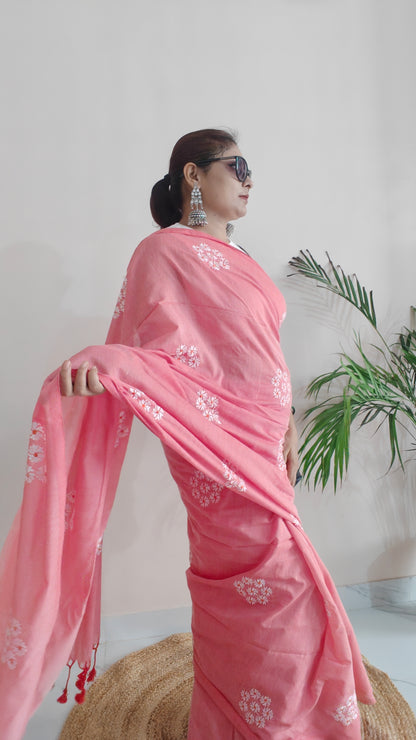 PARIJAT - PINK PURE COTTON SAREE WITH EMBRIODERY