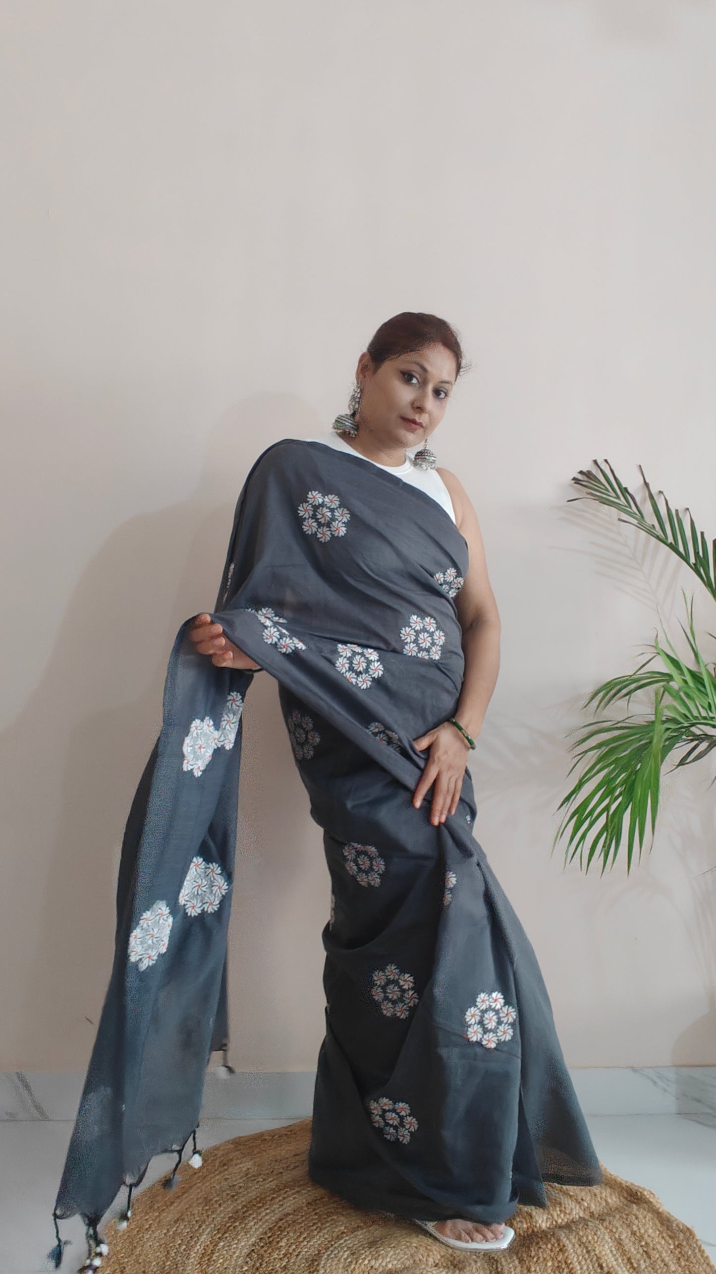 PARIJAT - GREY PURE COTTON SAREE WITH EMBRIODERY