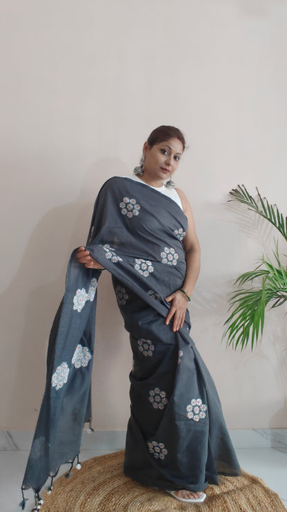 PARIJAT - GREY PURE COTTON SAREE WITH EMBRIODERY