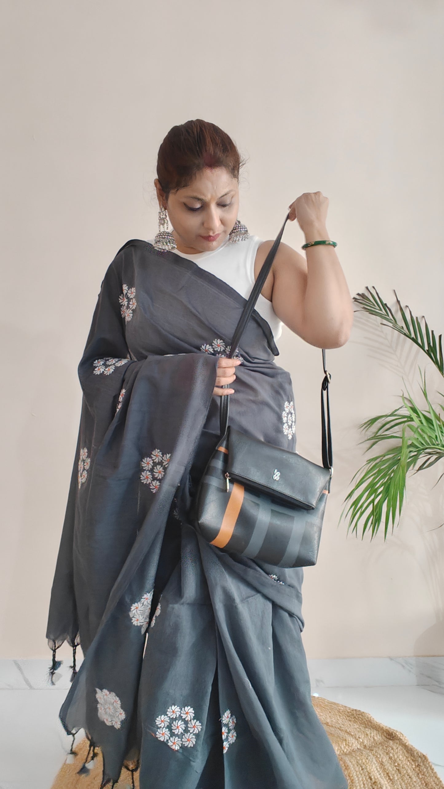PARIJAT - GREY PURE COTTON SAREE WITH EMBRIODERY