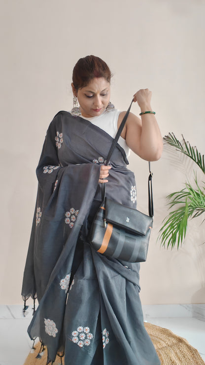 PARIJAT - GREY PURE COTTON SAREE WITH EMBRIODERY