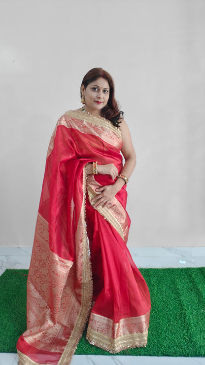 RED TISSUE SAREE WITH LACE BORDER