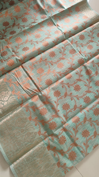 LIGHT GREEN LINEN TISSUE SAREE