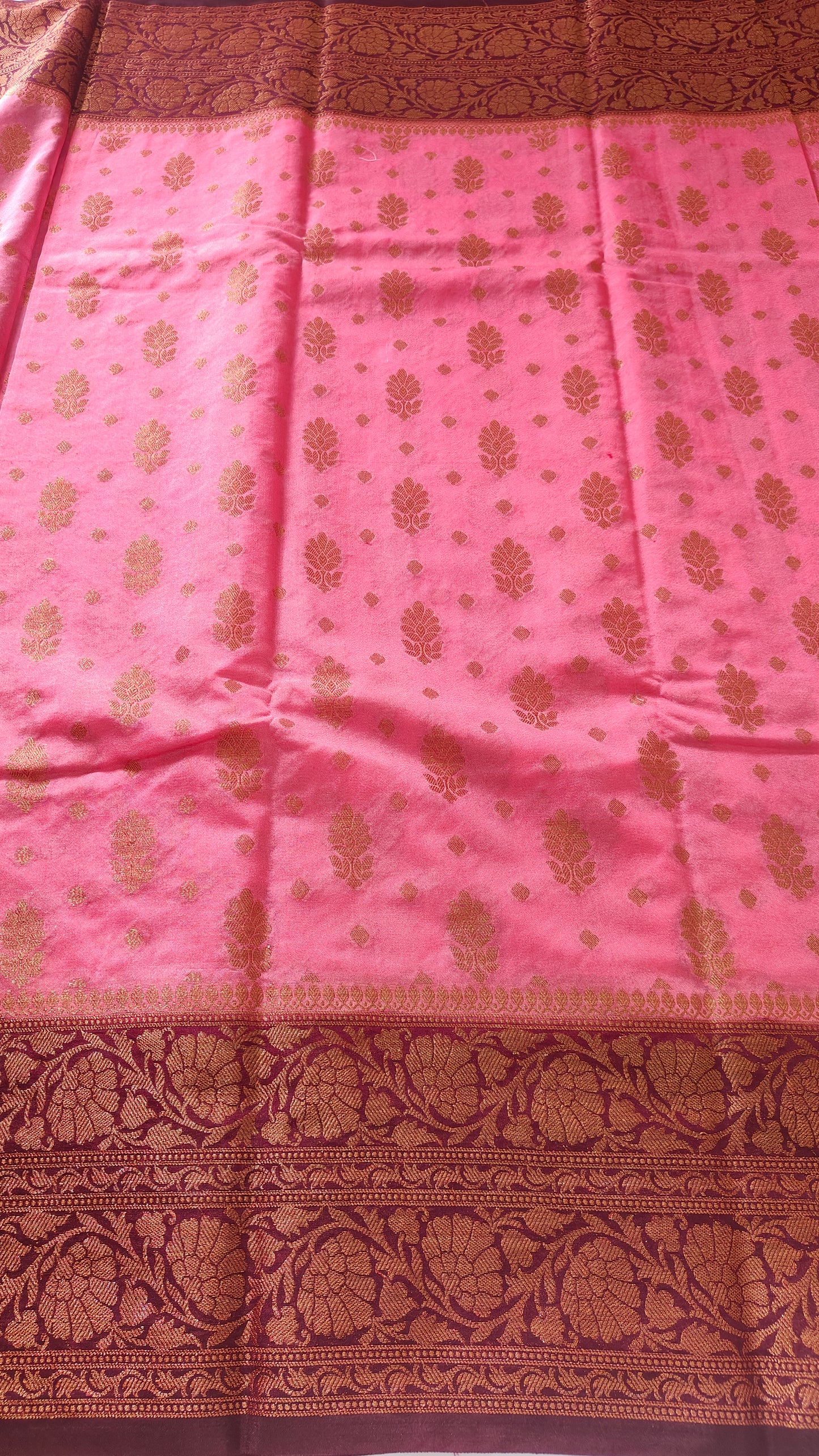 PEACH PINK SEMI GEORGEETE COPPER ZARI SAREE