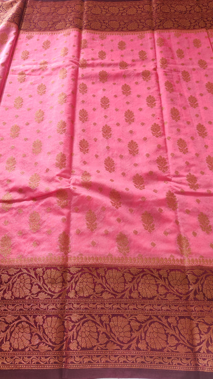 PEACH PINK SEMI GEORGEETE COPPER ZARI SAREE