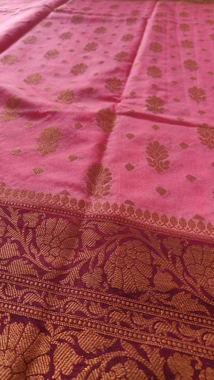 PEACH PINK SEMI GEORGEETE COPPER ZARI SAREE