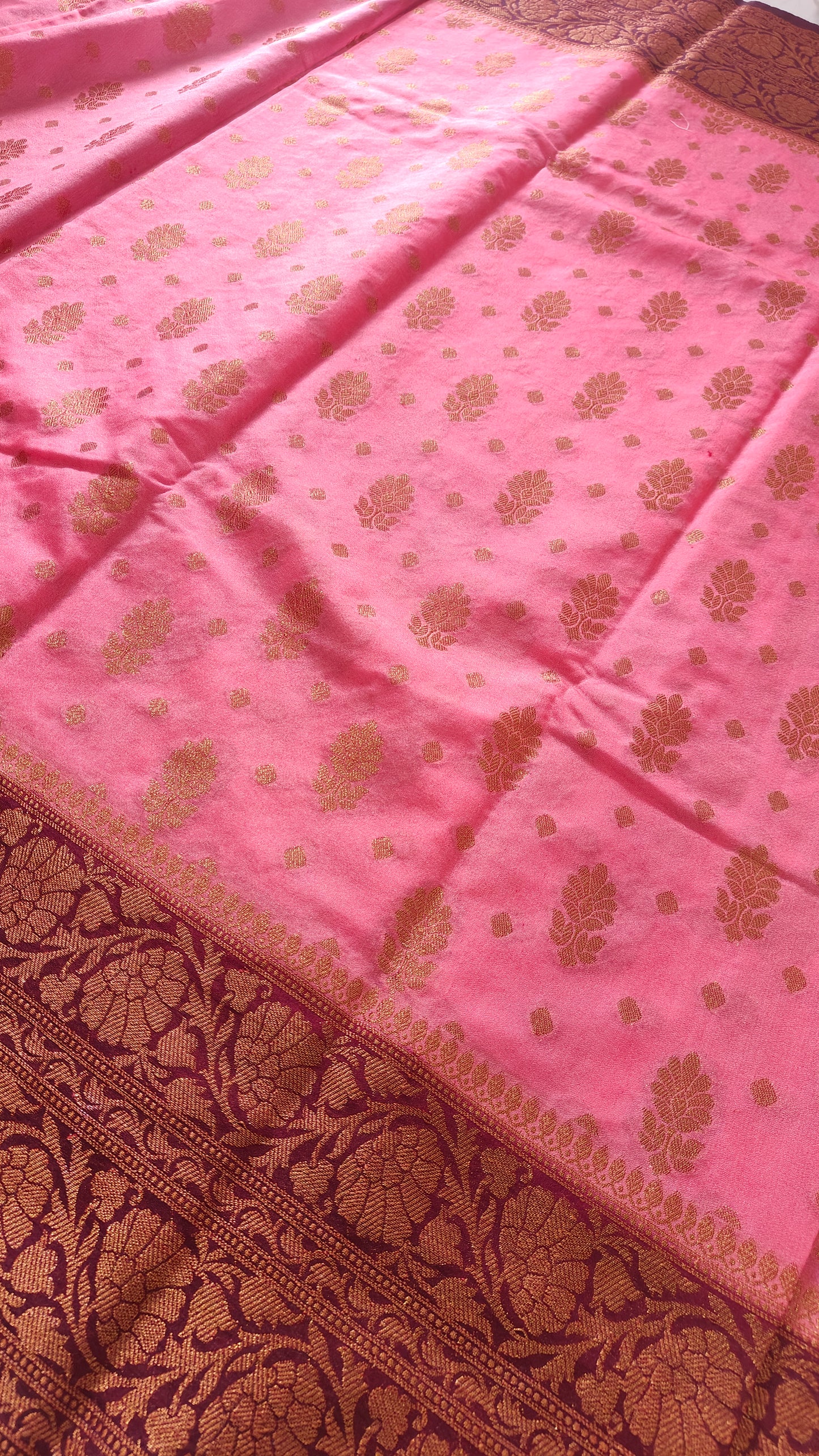 PEACH PINK SEMI GEORGEETE COPPER ZARI SAREE