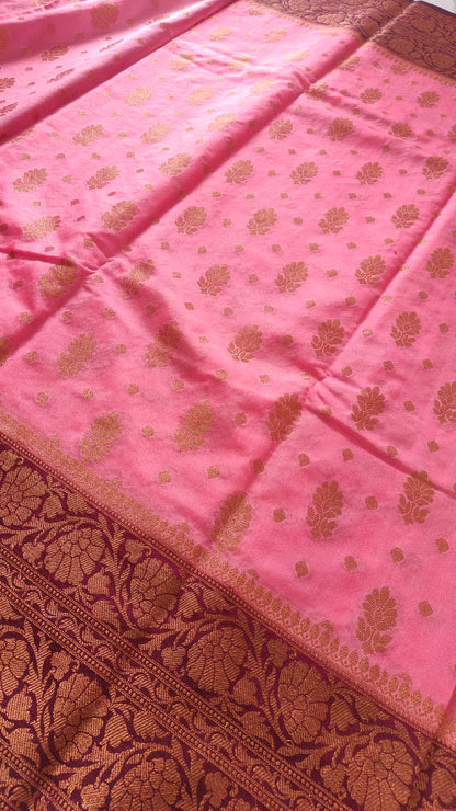 PEACH PINK SEMI GEORGEETE COPPER ZARI SAREE