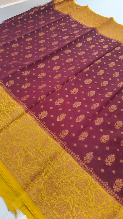 BURGANDY SEMI GEORGETTE COPPER ZARI SAREE