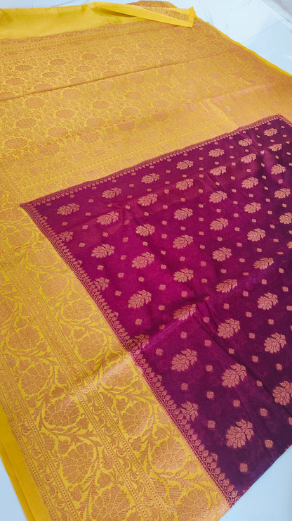 BURGANDY SEMI GEORGETTE COPPER ZARI SAREE