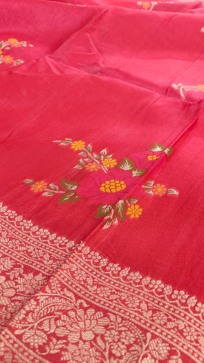 RED SEMI TASAR RESHAM WEAVED SAREE