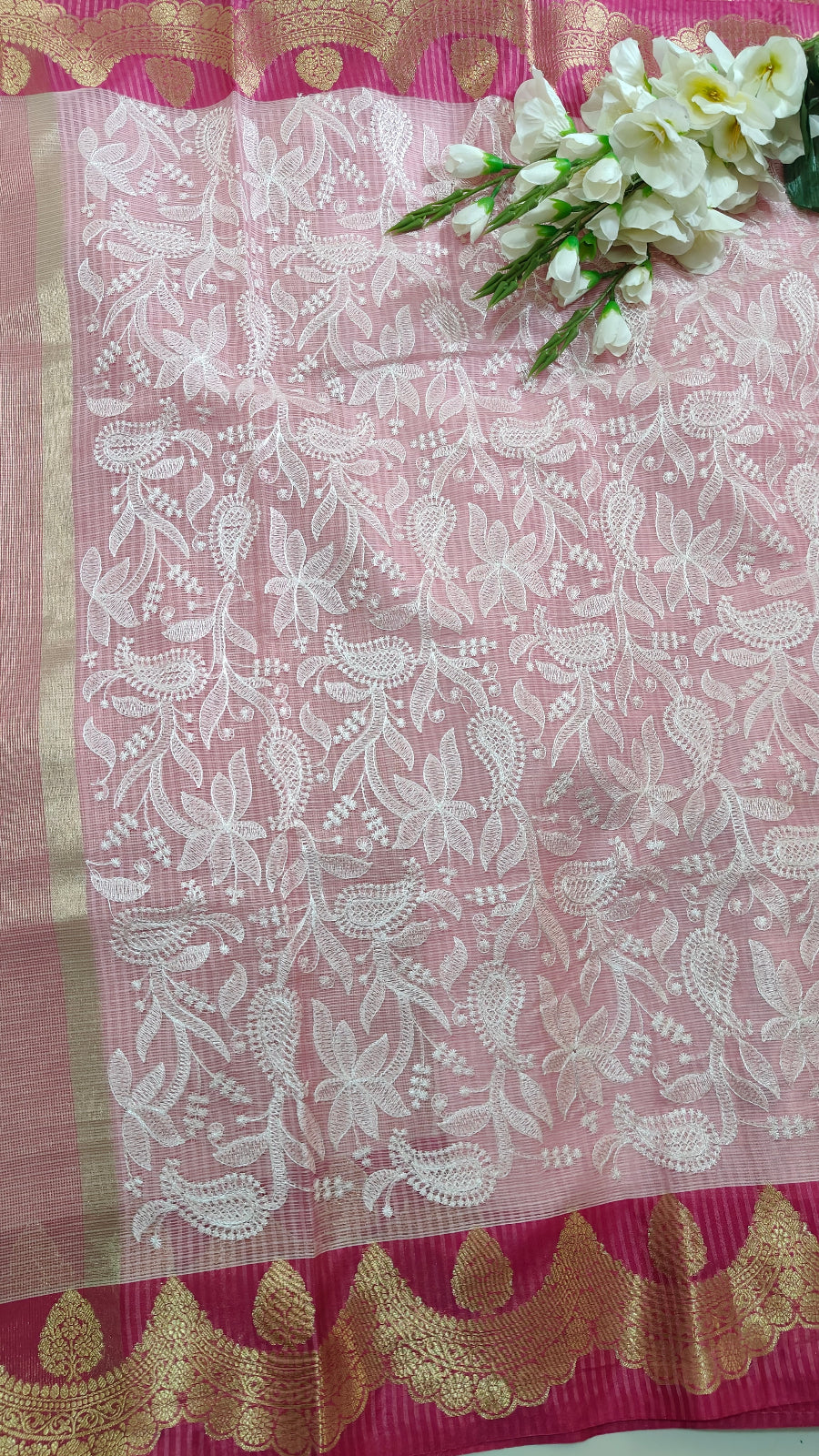 PINK CHEQUE KOTA CHIKANKARI SAREE