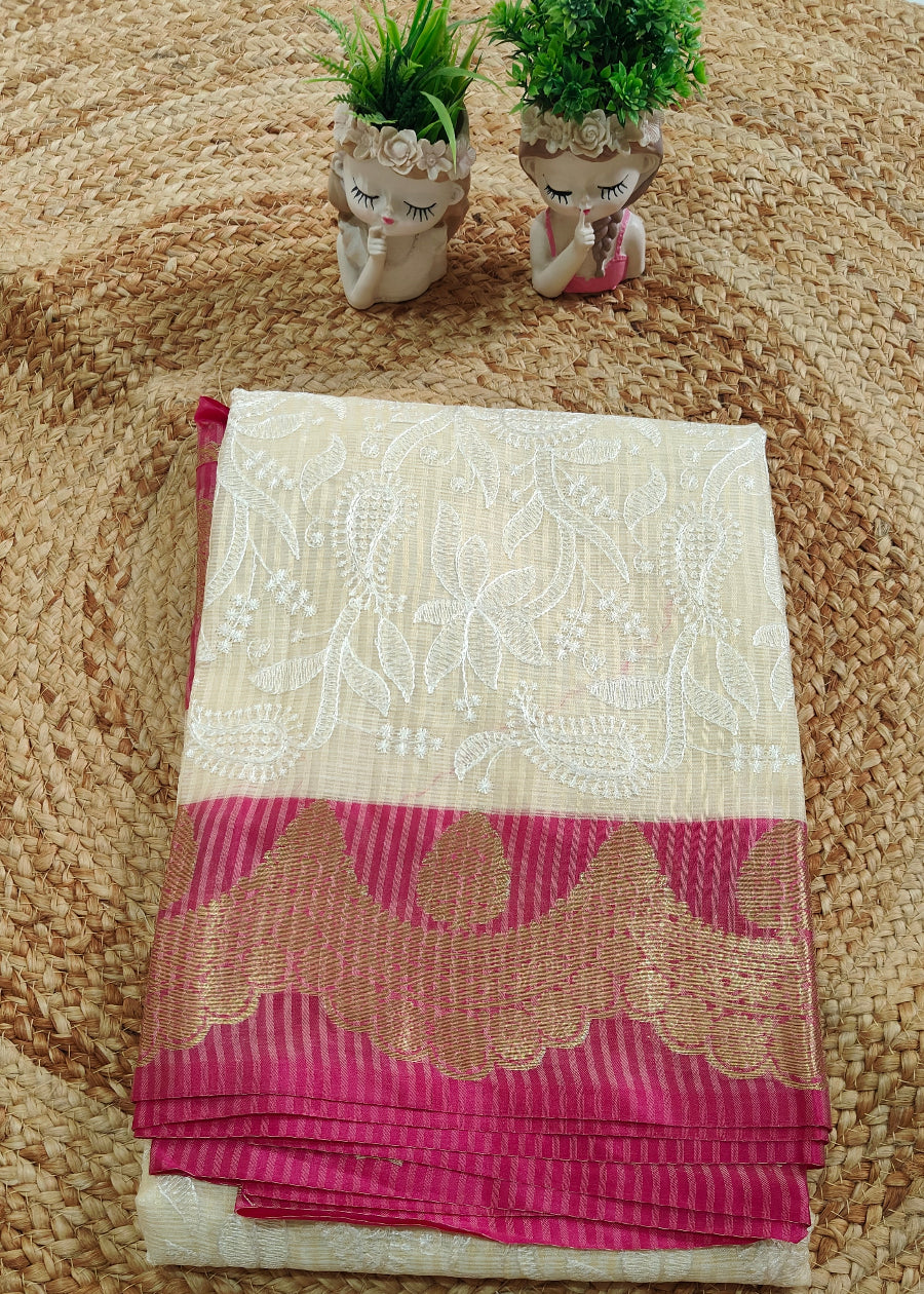 CREAM CHEQUE KOTA CHIKANKARI SAREE