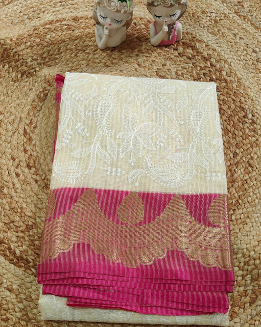 CREAM CHEQUE KOTA CHIKANKARI SAREE