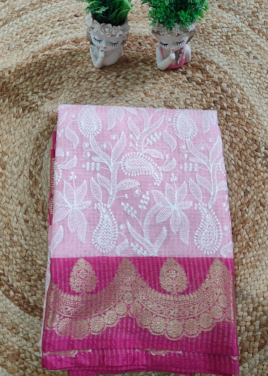 PINK CHEQUE KOTA CHIKANKARI SAREE