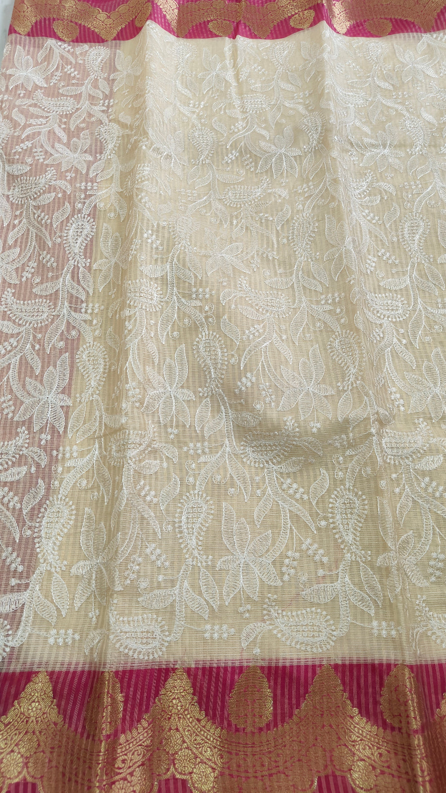 CREAM CHEQUE KOTA CHIKANKARI SAREE