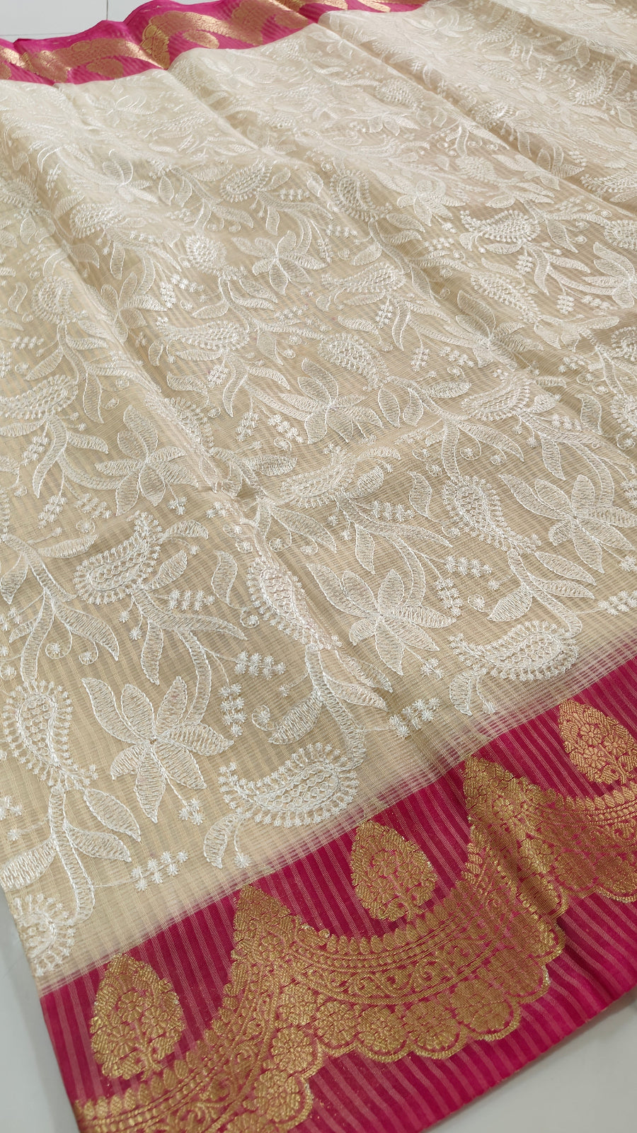 CREAM CHEQUE KOTA CHIKANKARI SAREE