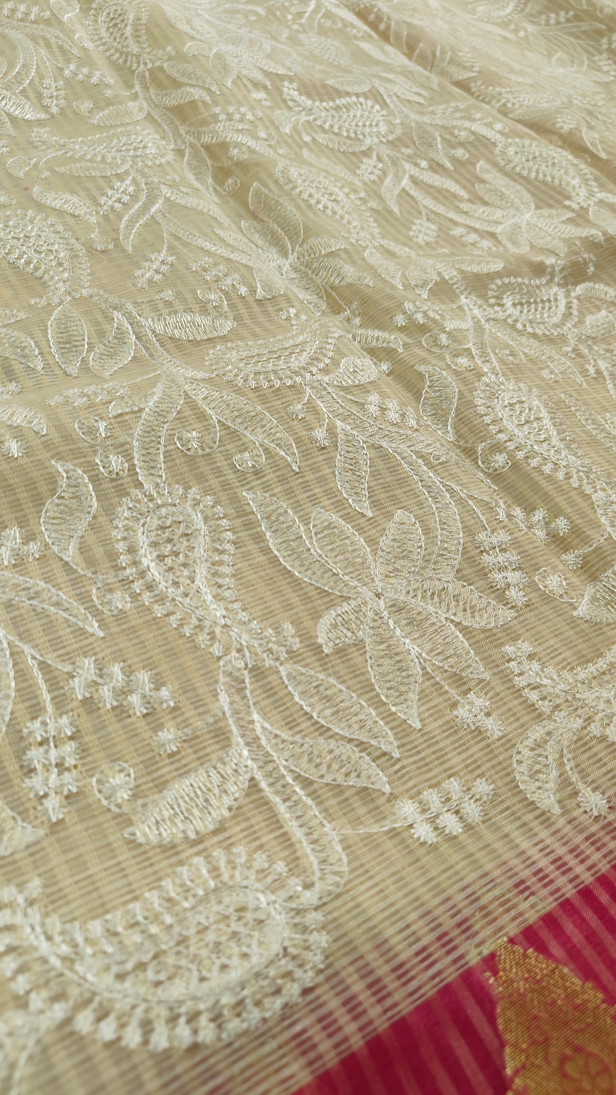 CREAM CHEQUE KOTA CHIKANKARI SAREE