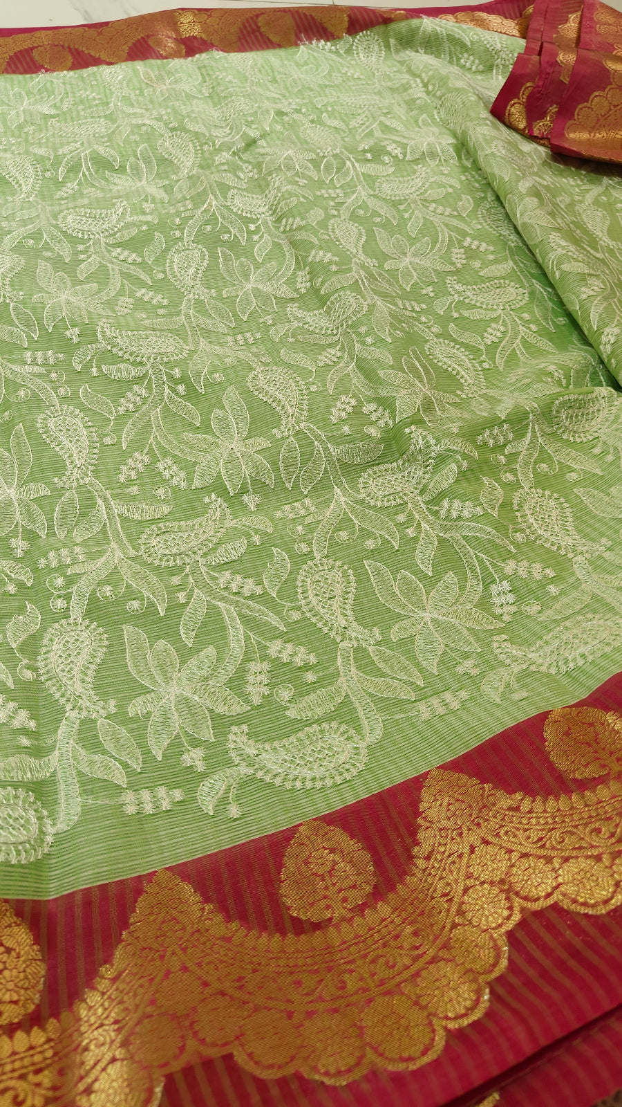 GREEN CHEQUE KOTA CHIKANKARI SAREE