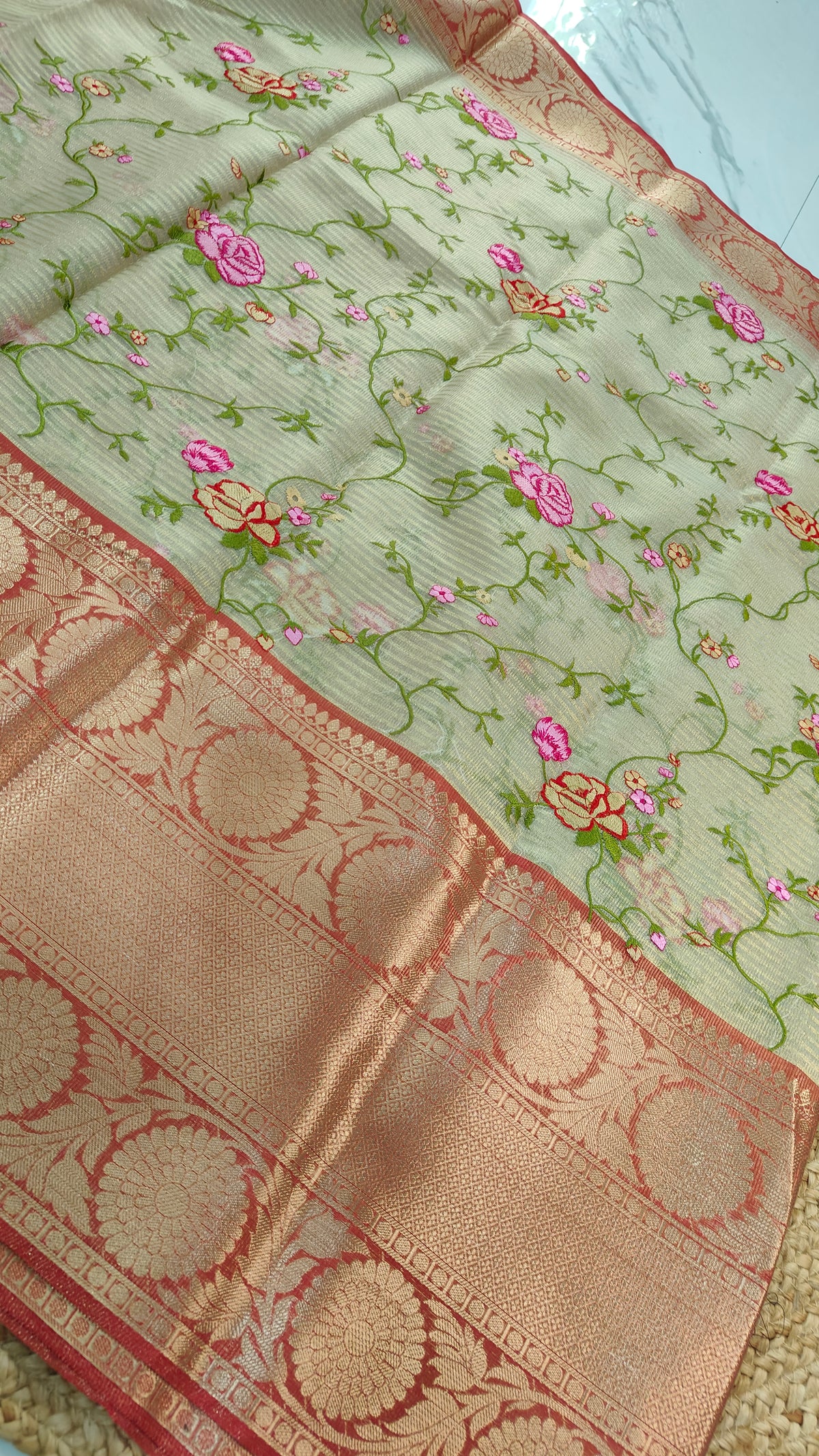 BEIGE KOTA SAREE WITH RED BORDER