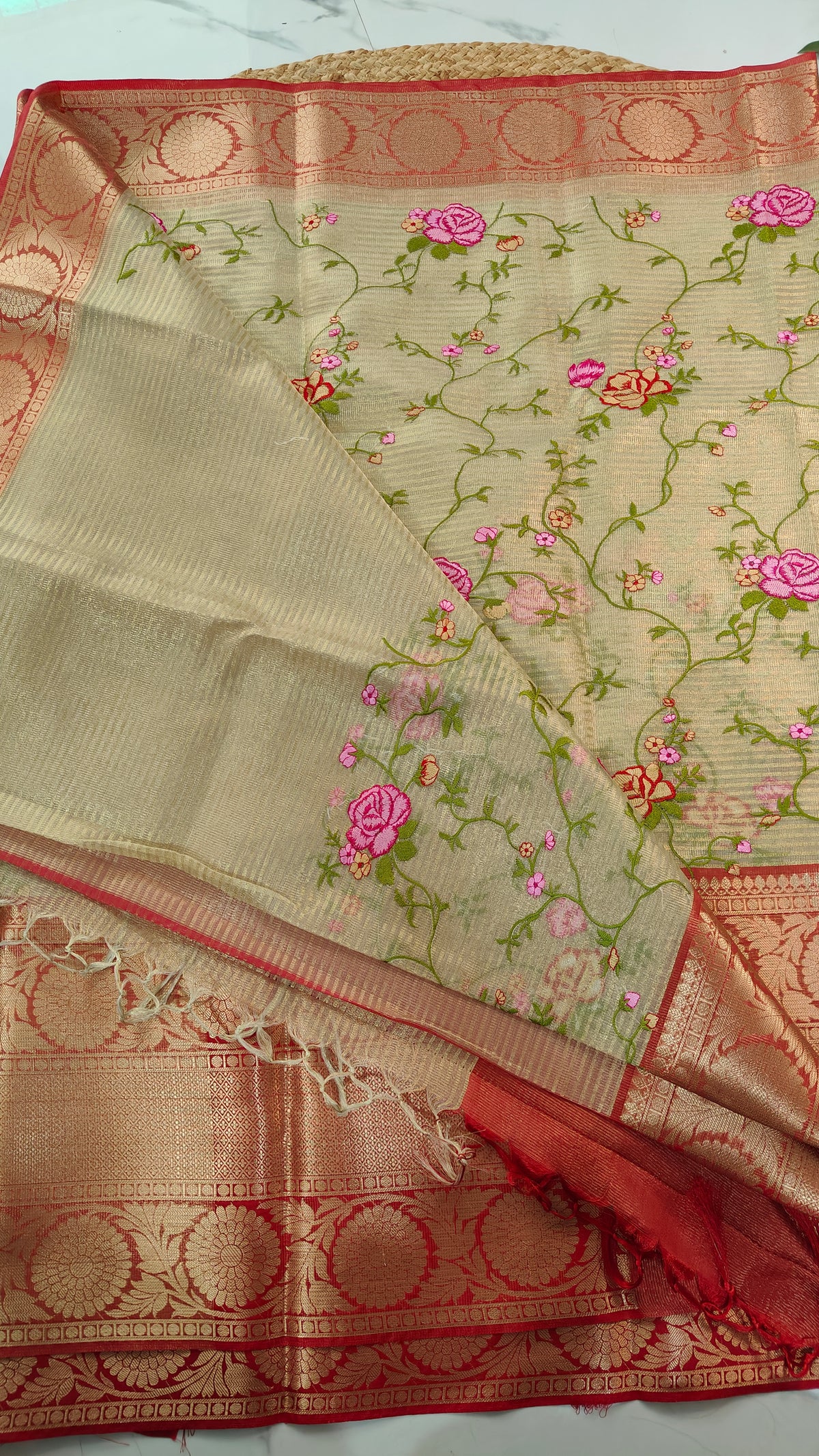 BEIGE KOTA SAREE WITH RED BORDER