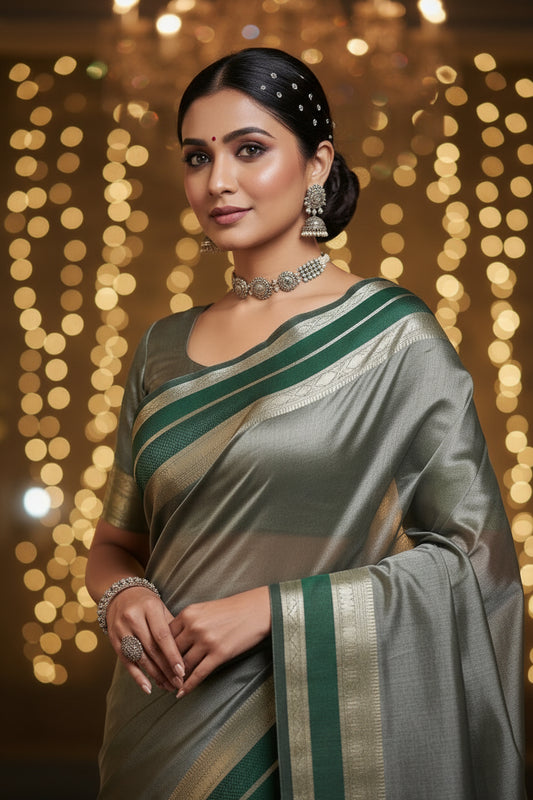 GREEN SEMI TISSUE SILK SAREE WITH GARHWAL  BORDER