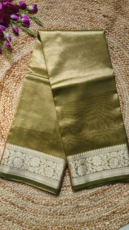 GREEN TISSUE SILK SAREE WITH ZARI WEAVED BORDER