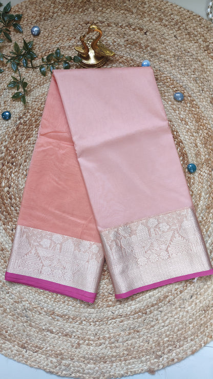 PEACH ORGANZA SILK SAREE WITH ZARI WEAVED TEMPLE BORDER