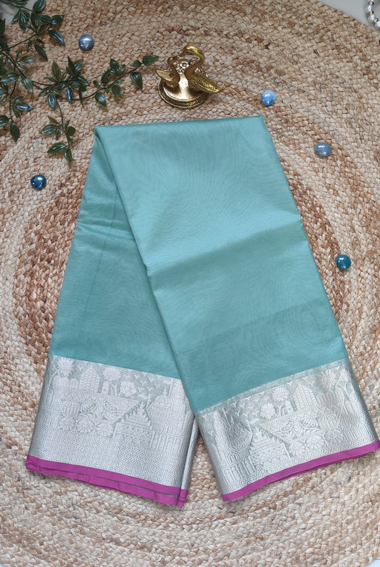 PISTA GREEN ORGANZA SILK SAREE WITH ZARI WEAVED TEMPLE BORDER