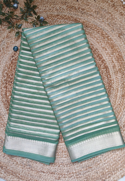 TISSUE SILK SAREE WITH  GOLDEN ZARI STRIPS